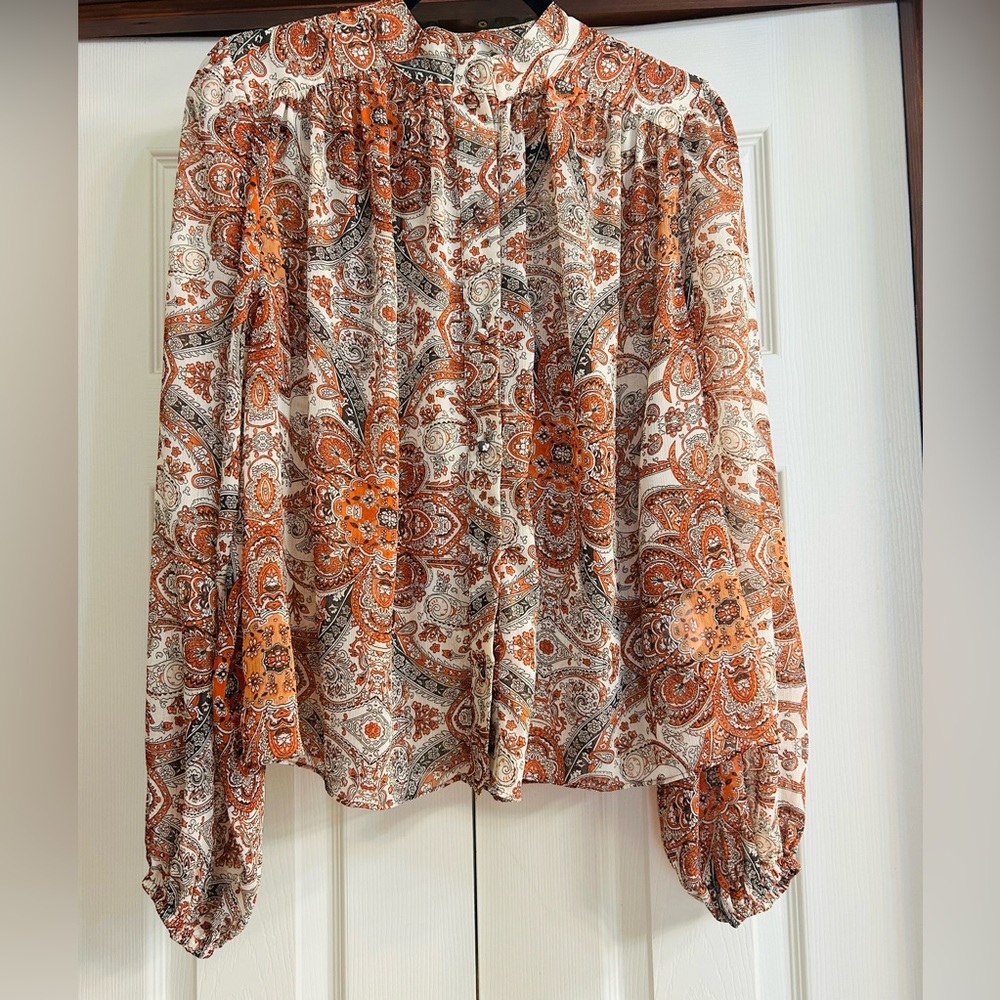 Rachel Zoe BOHO Long Sleeve Sheer Rust and Cream Paisley Button-Down Shirt.